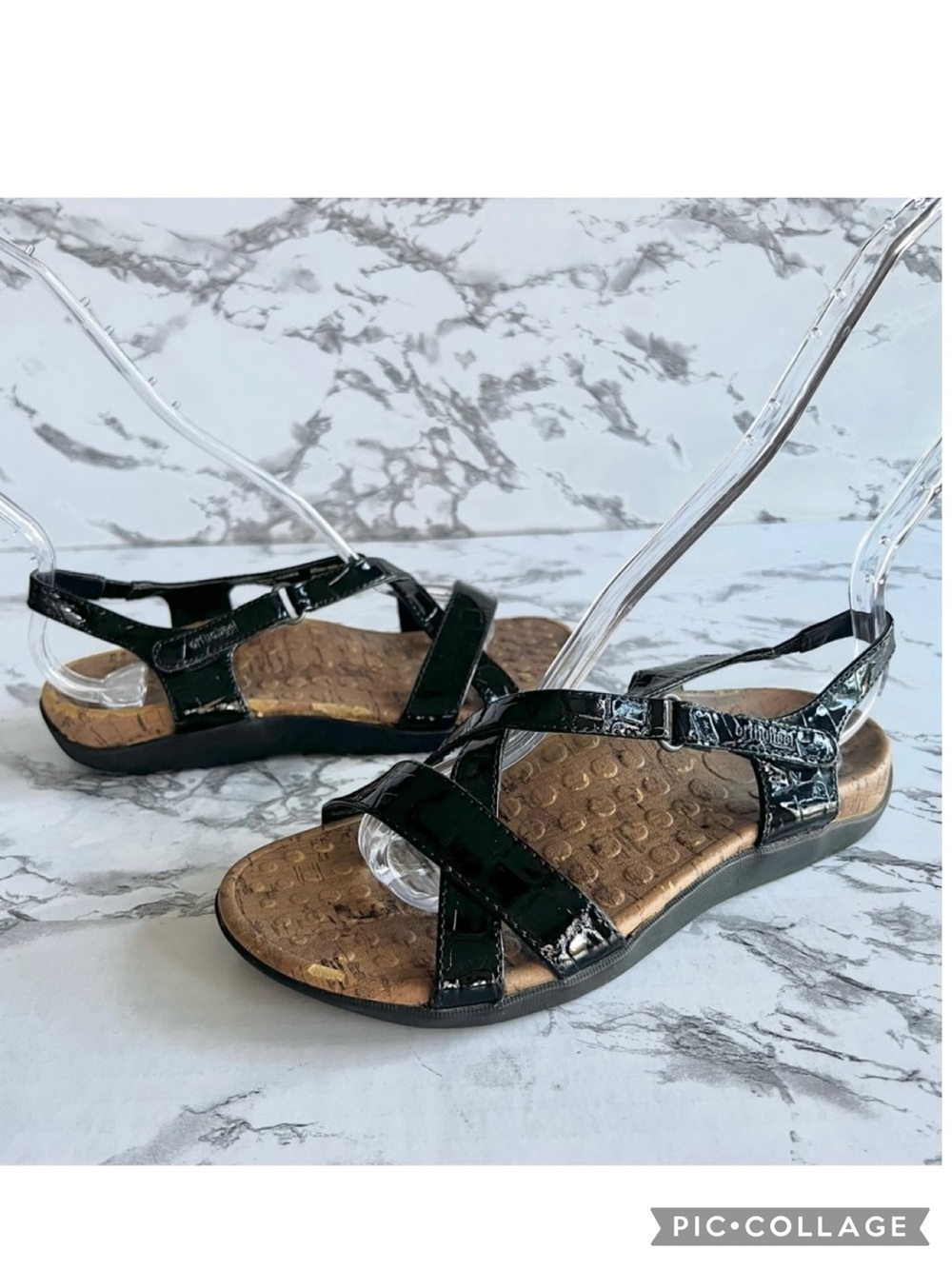 Vionic Orthaheel Sandals Strappy Embossed Comfort Black Faux Leather 5 Walking